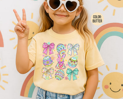 Comfort Colors® Girls Easter Egg Shirt, Kids Coquette Bow Easter Shirts