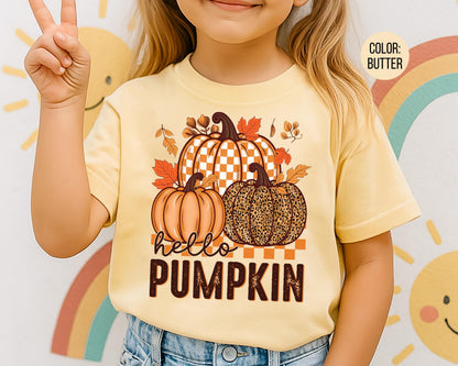 Comfort Colors Kids Hello Pumpkin Shirt: Boho Floral Fall Tee