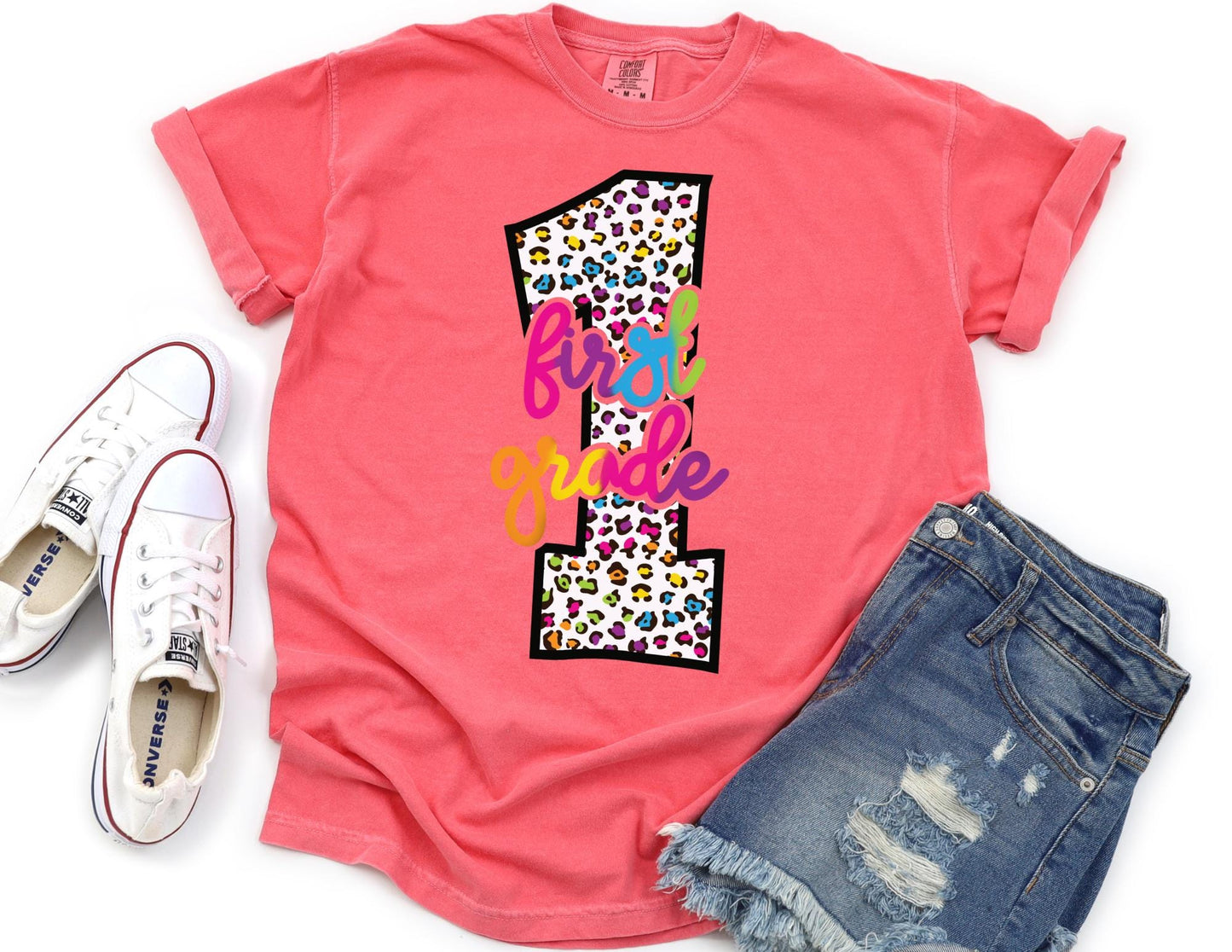 Comfort Colors First Grade Teacher Shirt: Leopard Print