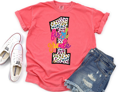 Comfort Colors First Grade Teacher Shirt: Leopard Print