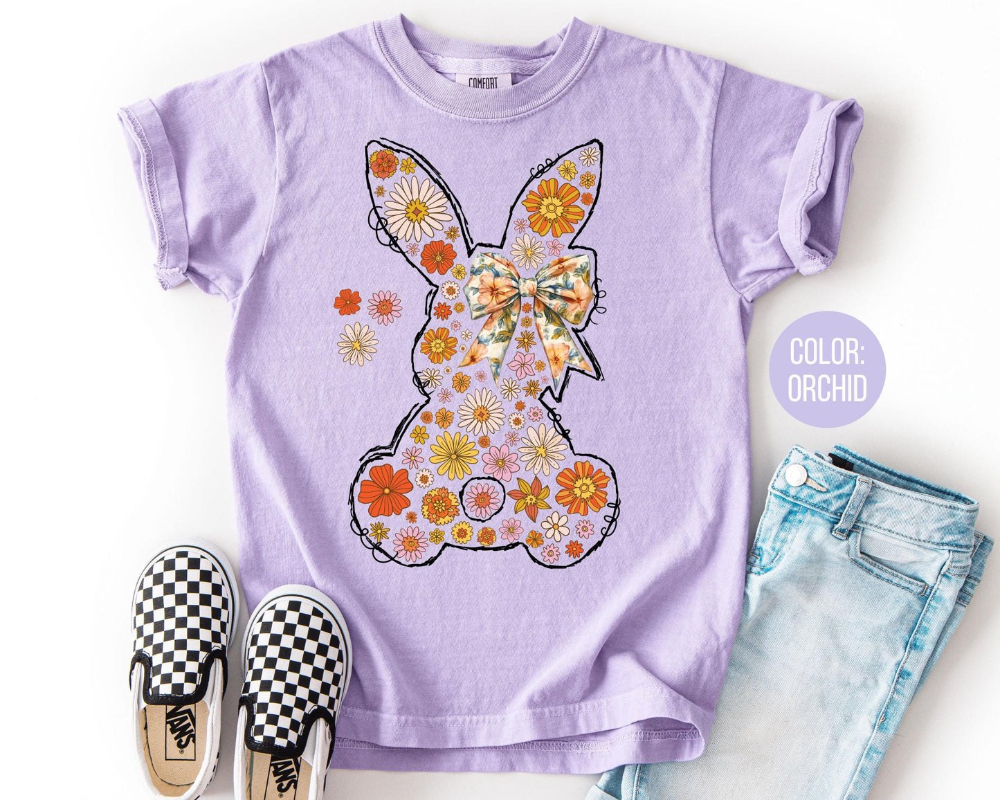 Comfort Colors® Floral Boho Easter Bunny Shirt, Kids Easter Shirts, Rabbit Tee