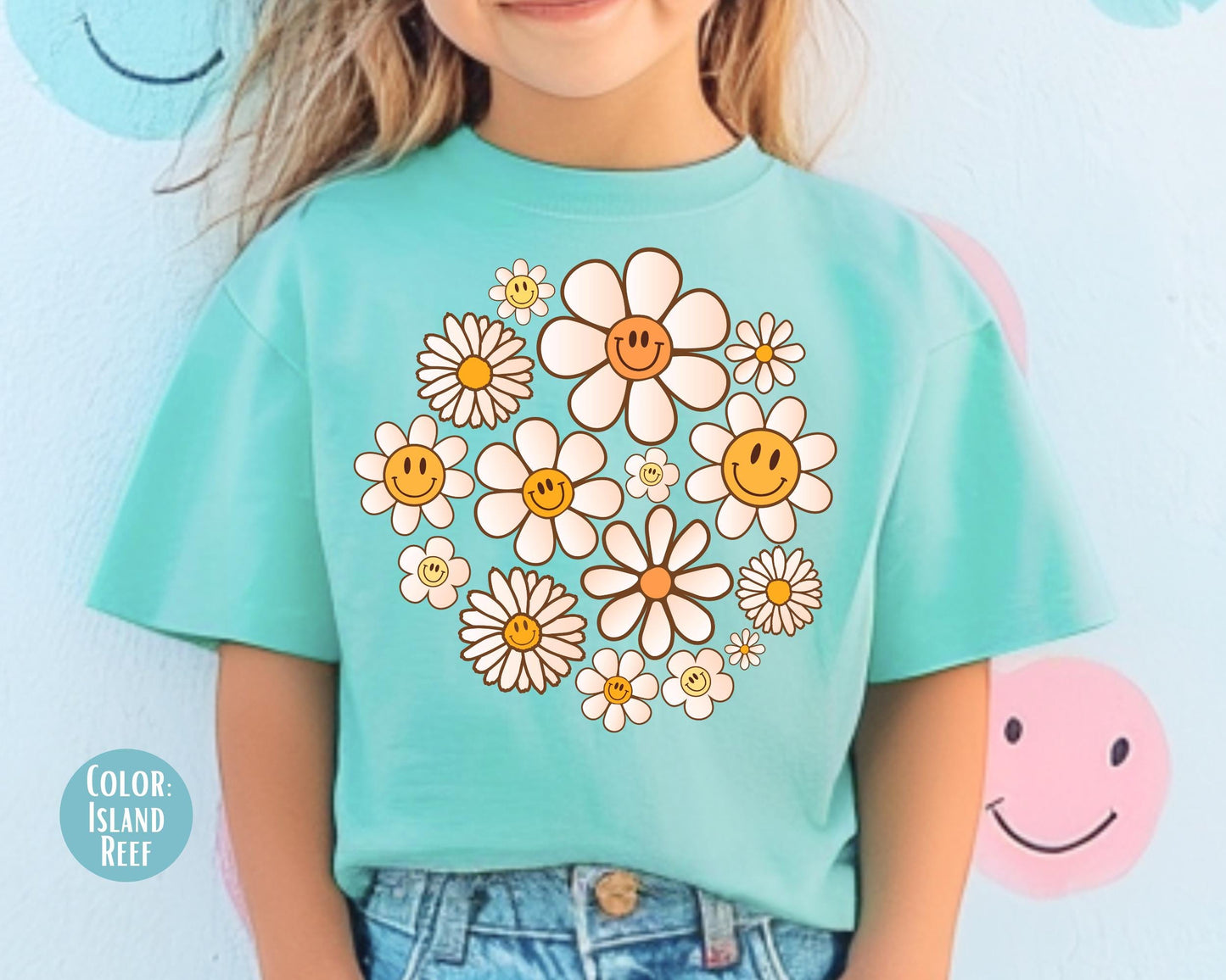 Comfort Colors Kids Shirt: Retro Smiley Face Flowers