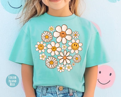 Comfort Colors Kids Shirt: Retro Smiley Face Flowers