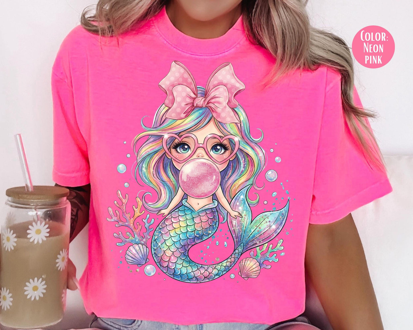Comfort Colors® Mermaid Blowing Bubble Gum Shirt, Mama and Mini Mermaid Shirts