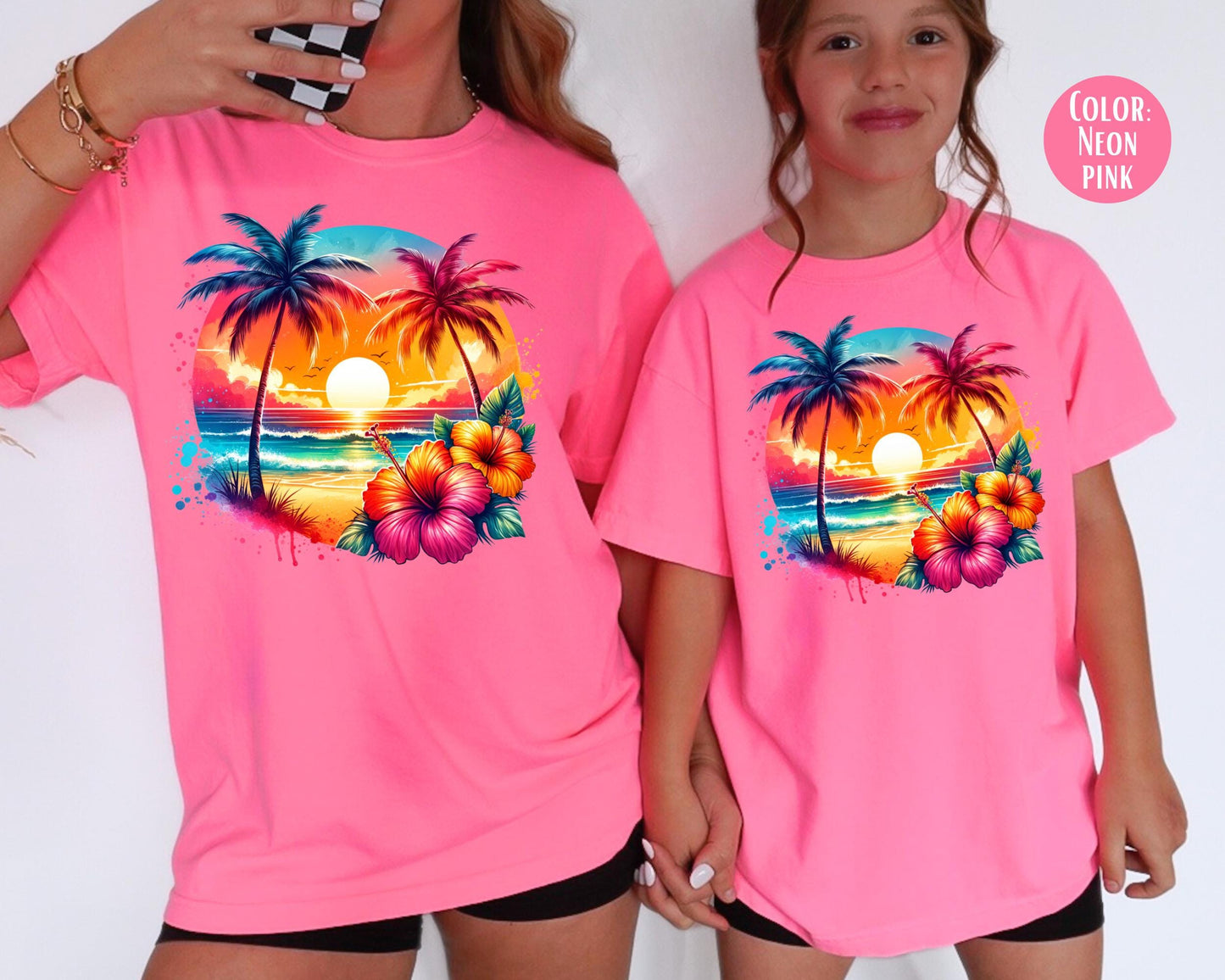 Comfort Colors Kids Beach Shirt: Sunset Palms & Hibiscus