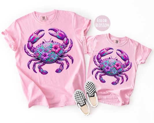 Comfort Colors® Floral Purple Crab Shirt, Mama and Mini Crab Shirts
