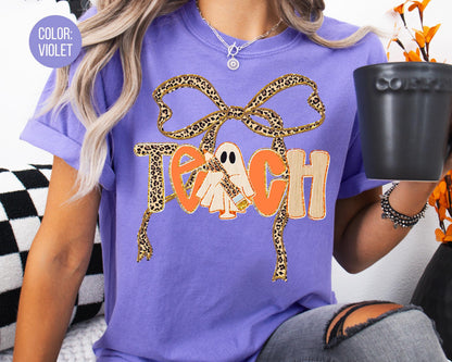 Comfort Colors Halloween Teacher Shirt: Leopard Coquette Spooky Tee