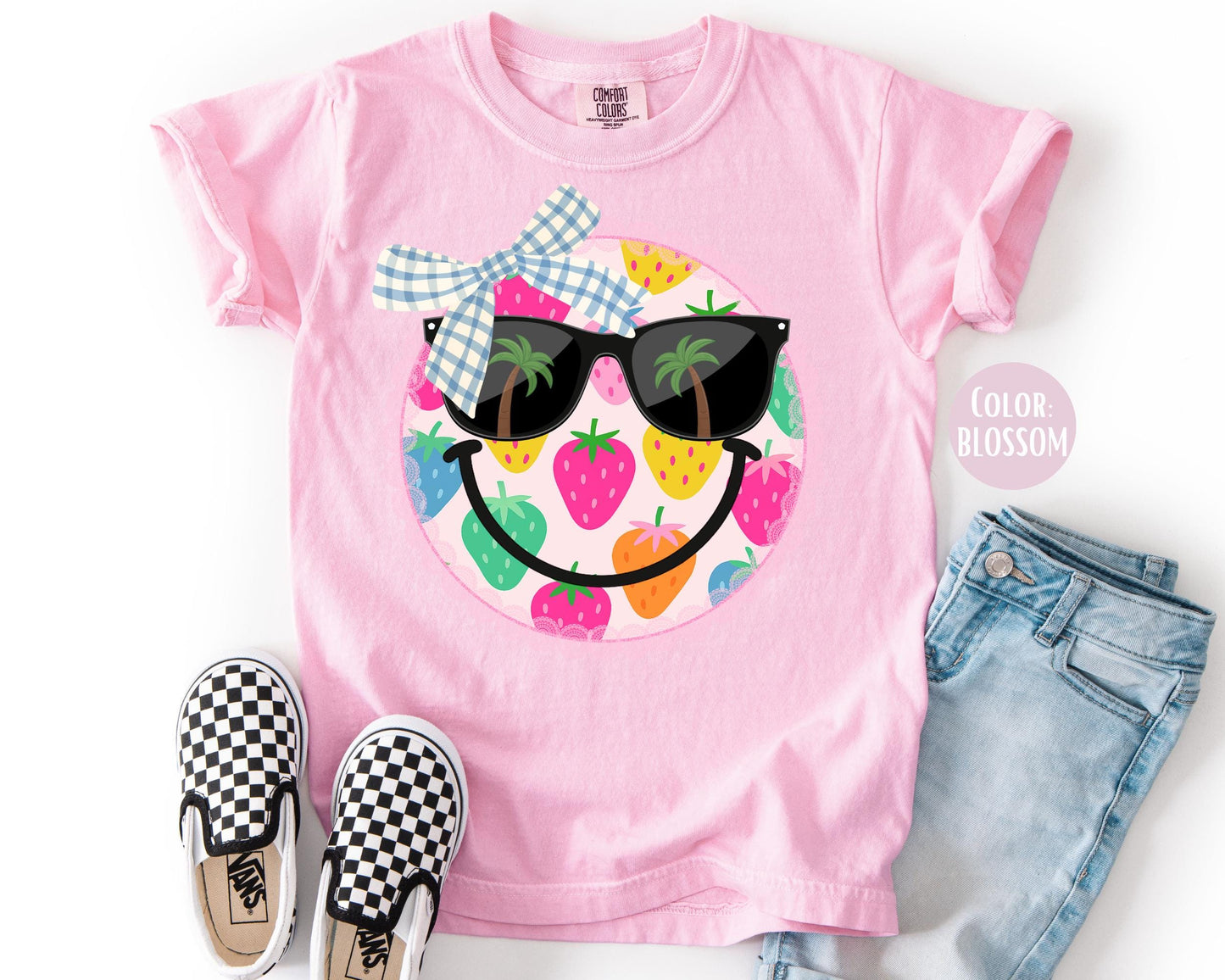 Comfort Colors® Strawberry Coquette Smiley Face Shirt, Girls Summer Shirts, Strawberries Smiley Tee