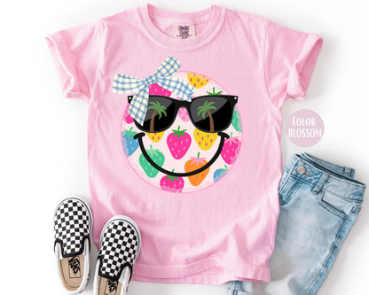 Comfort Colors® Strawberry Coquette Smiley Face Shirt, Girls Summer Shirts, Strawberries Smiley Tee