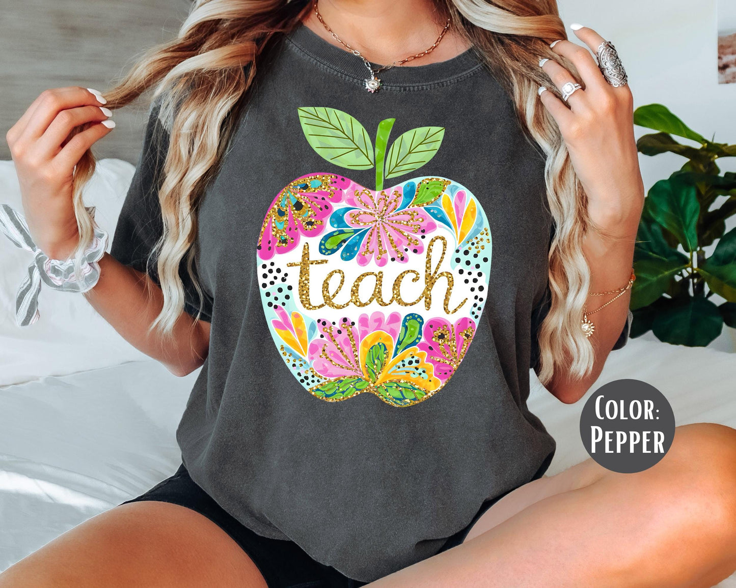 Comfort Colors Floral Apple Teach Shirt - Teacher Tee