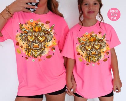 Comfort Colors Kids Highland Cow Shirt - Preppy Western Fall Style