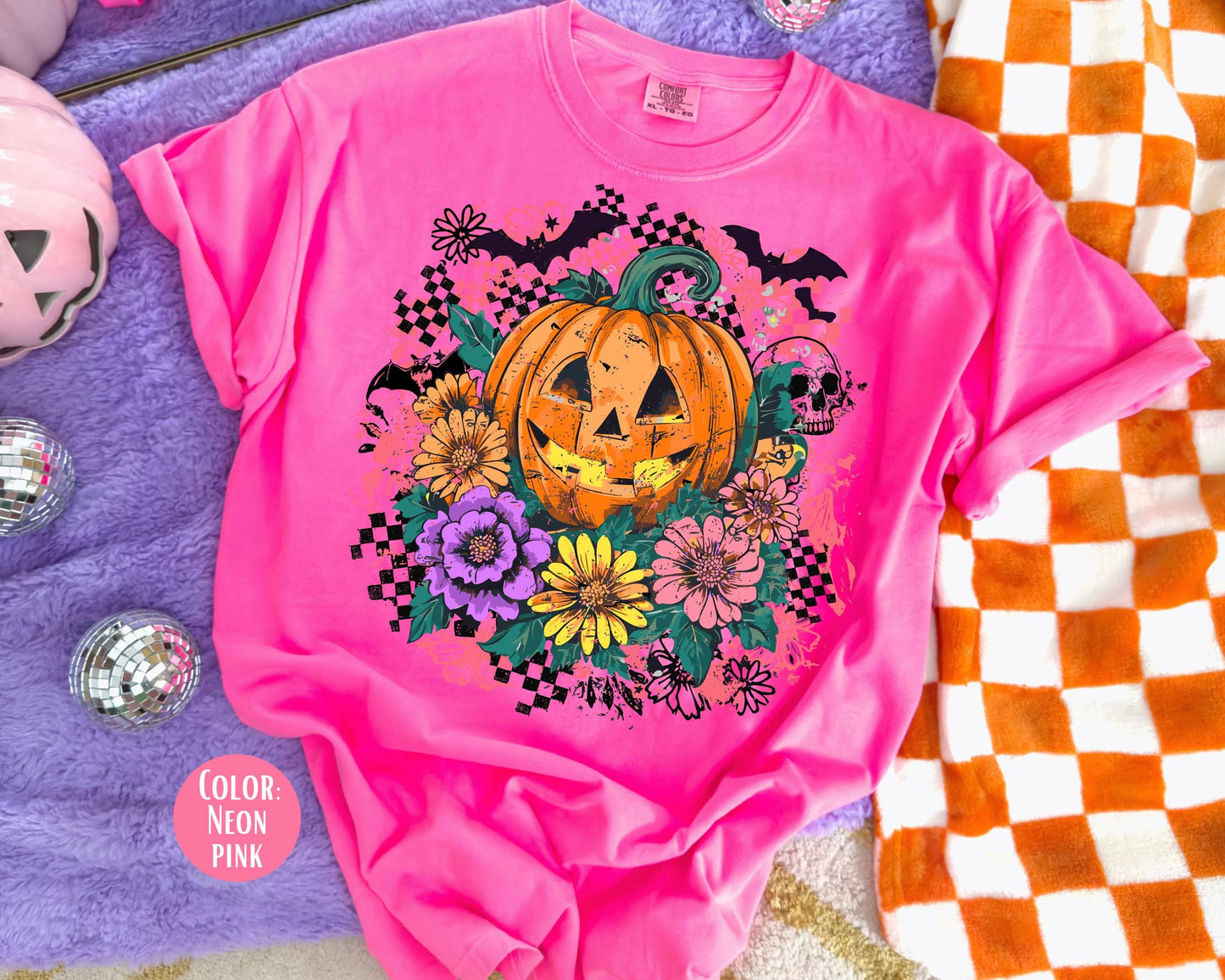 Comfort Colors Floral Jack O'Lantern Shirt: Retro Checkered Halloween