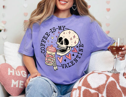 Comfort Colors Coffee Valentine Shirt: Skull & Hearts Graphic Tee