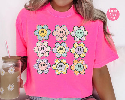 Comfort Colors Retro Smiley Face Flowers Shirt, Girls Smiley Flower Tee