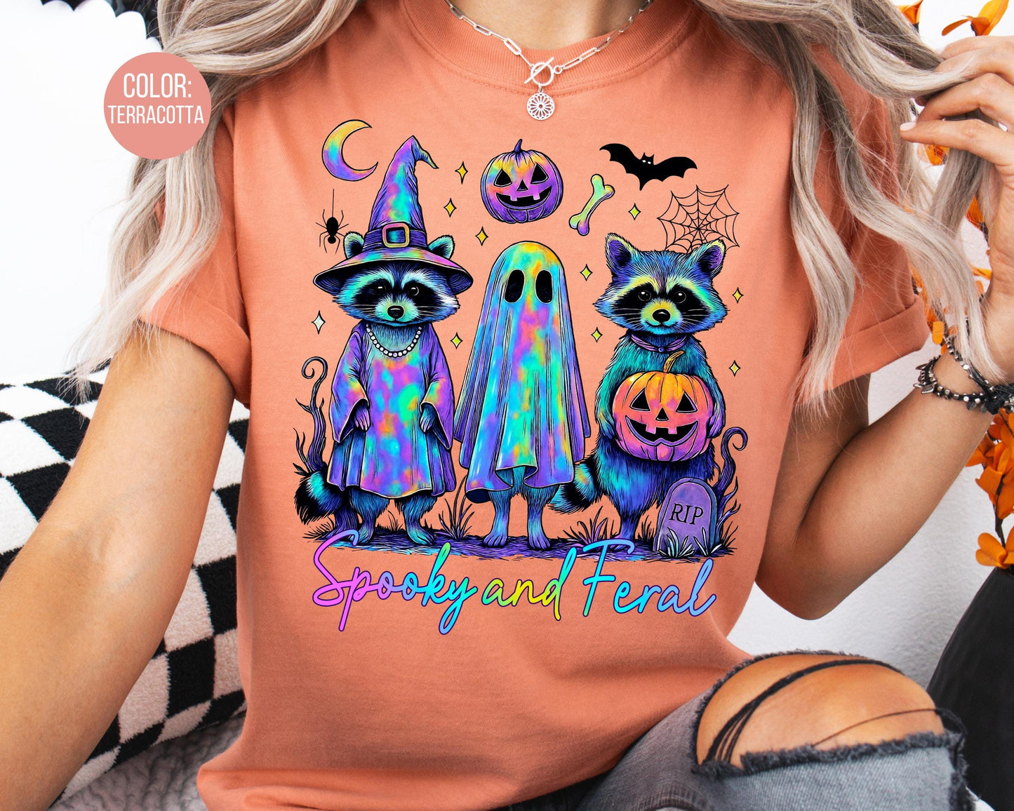 Comfort Colors Spooky and Feral Shirt: Neon Retro Raccoon Halloween