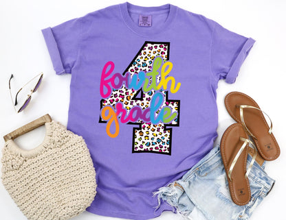 Comfort Colors Fourth Grade Teacher Shirt: Leopard Print