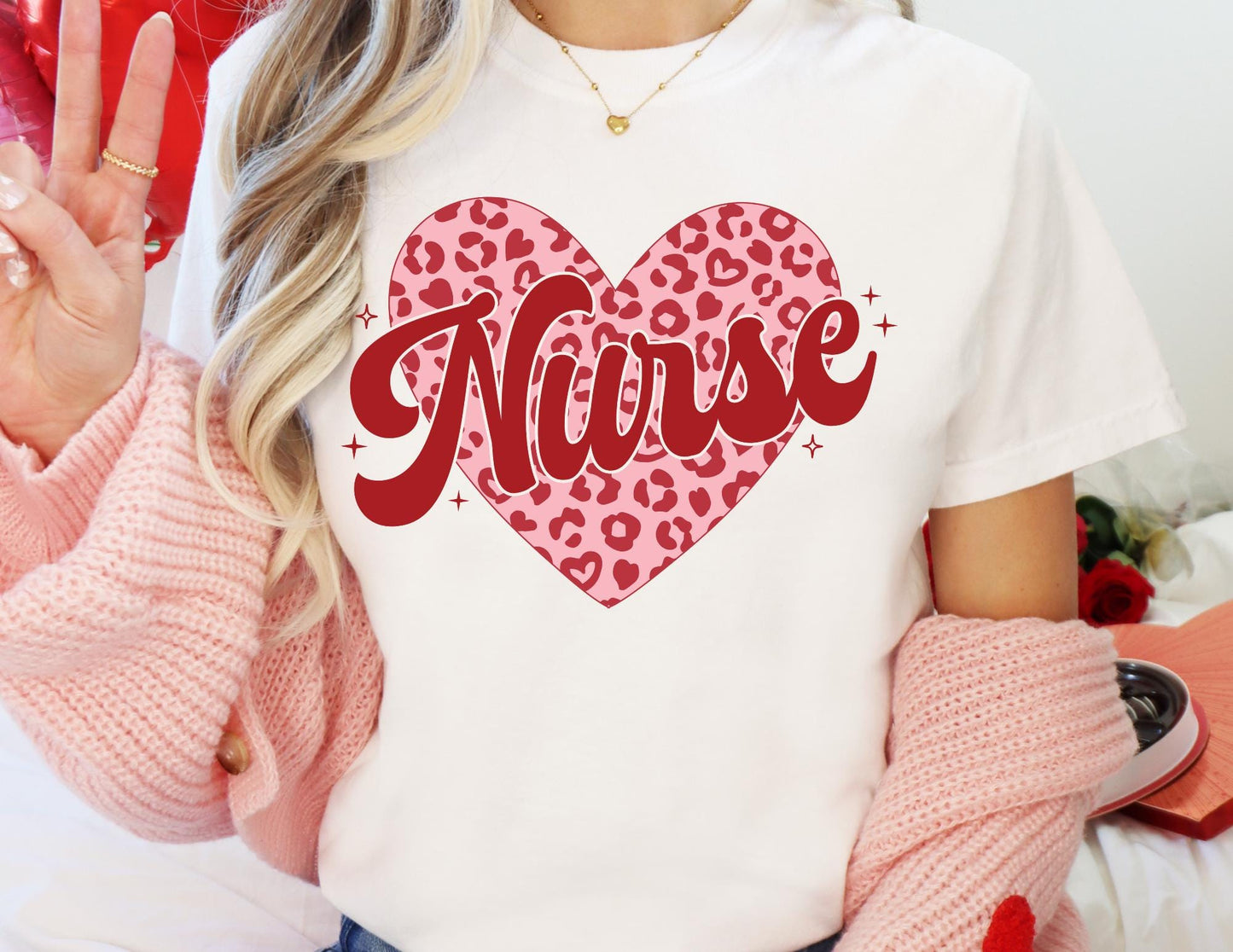 Comfort Colors Valentine Nurse Shirt: Leopard Heart Tee