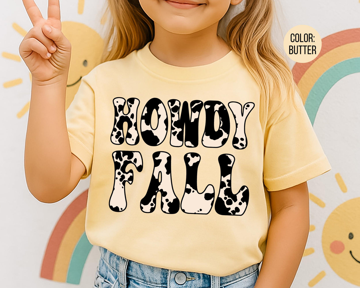 Comfort Colors Kids Howdy Fall Cow Print Shirt, Western Fall Shirts