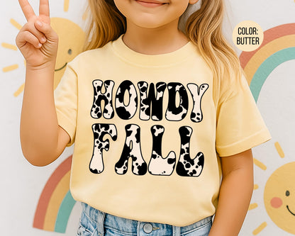 Comfort Colors Kids Howdy Fall Cow Print Shirt, Western Fall Shirts