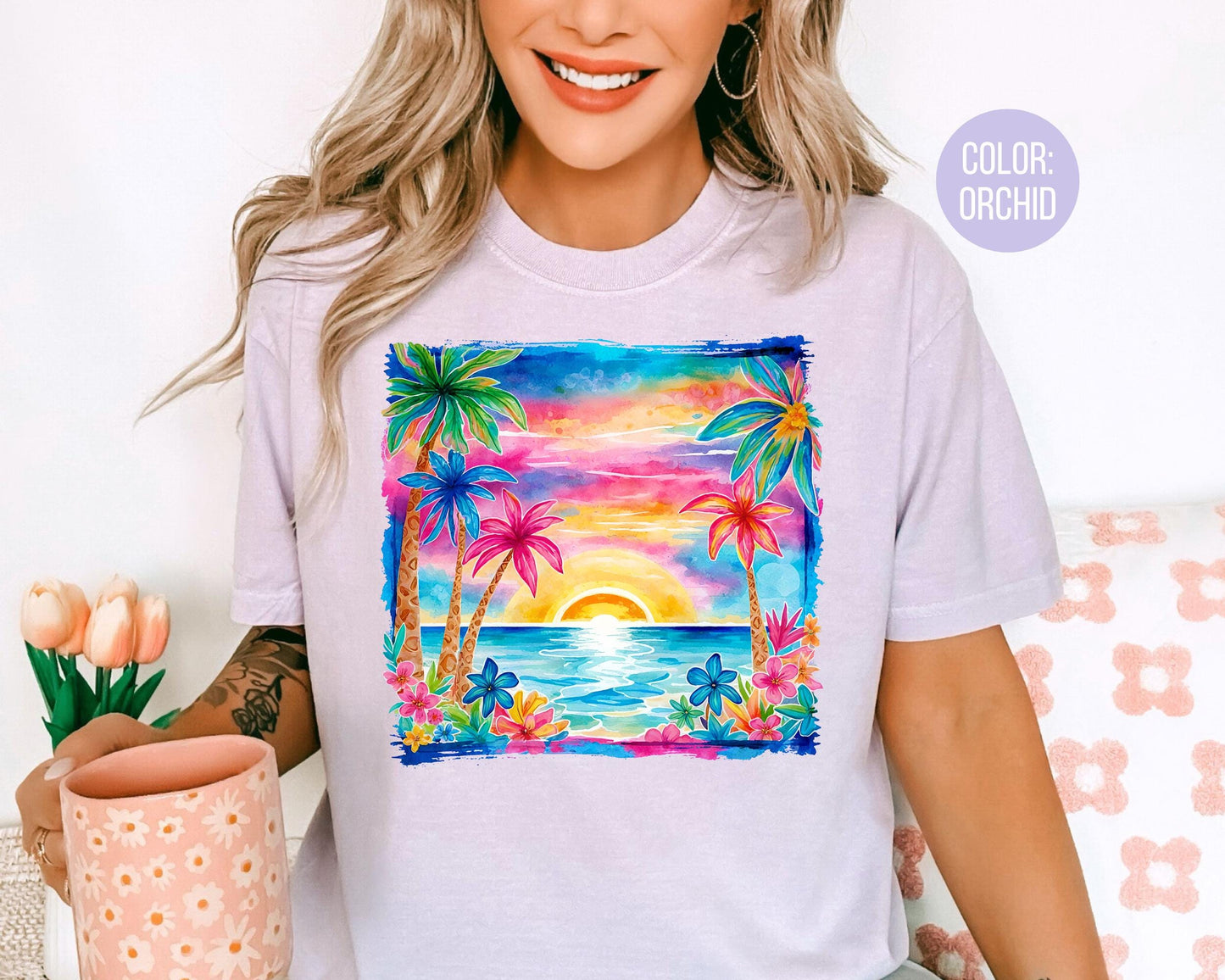 Comfort Colors® Watercolor Beach Sunset Shirt, Preppy Summer Beach Shirts