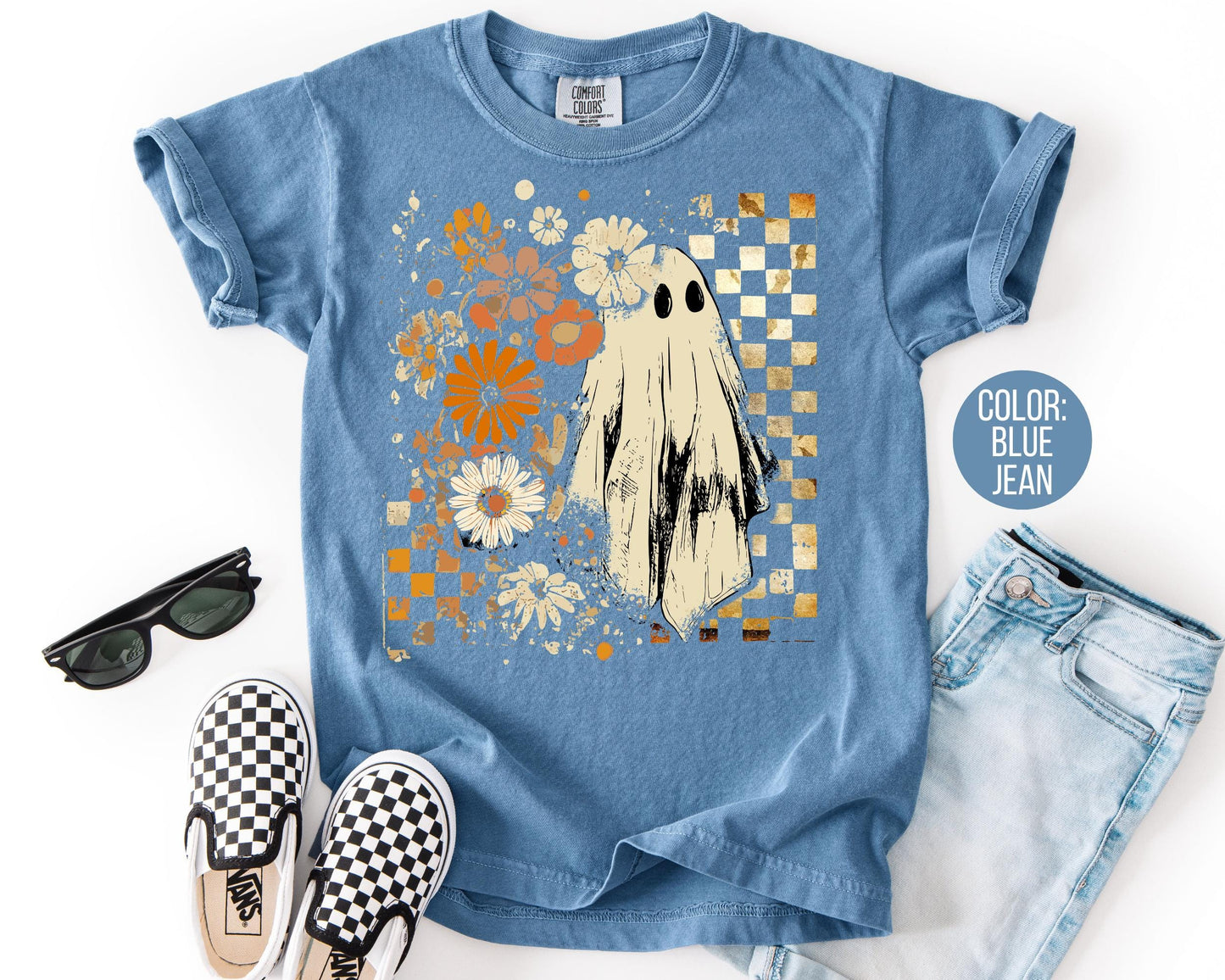 Comfort Colors Retro Floral Ghost Shirt - Preppy Halloween Tee