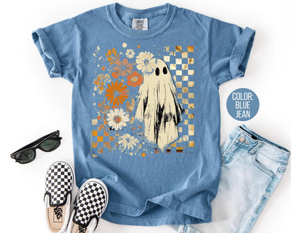 Comfort Colors Retro Floral Ghost Shirt - Preppy Halloween Tee