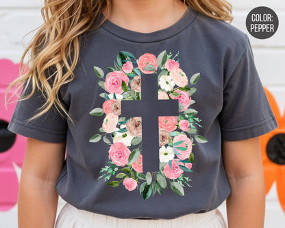 Comfort Colors® Easter Floral Cross Shirt, Girls Jesus Cross Shirts