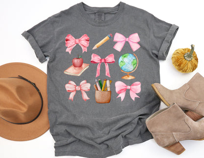 Comfort Colors Teacher Shirt: Coquette Bows, School Supplies Tee