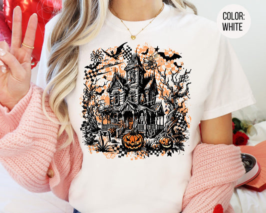 Comfort Colors Haunted House Shirt: Vintage Checkered Halloween Tee