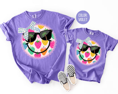 Comfort Colors® Strawberry Coquette Smiley Face Shirt, Girls Summer Shirts, Strawberries Smiley Tee