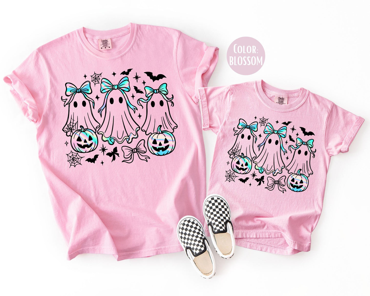 Comfort Colors Girly Iridescent Ghost Shirt, Matching Halloween Shirts, Spooky Mama and Mini Tees