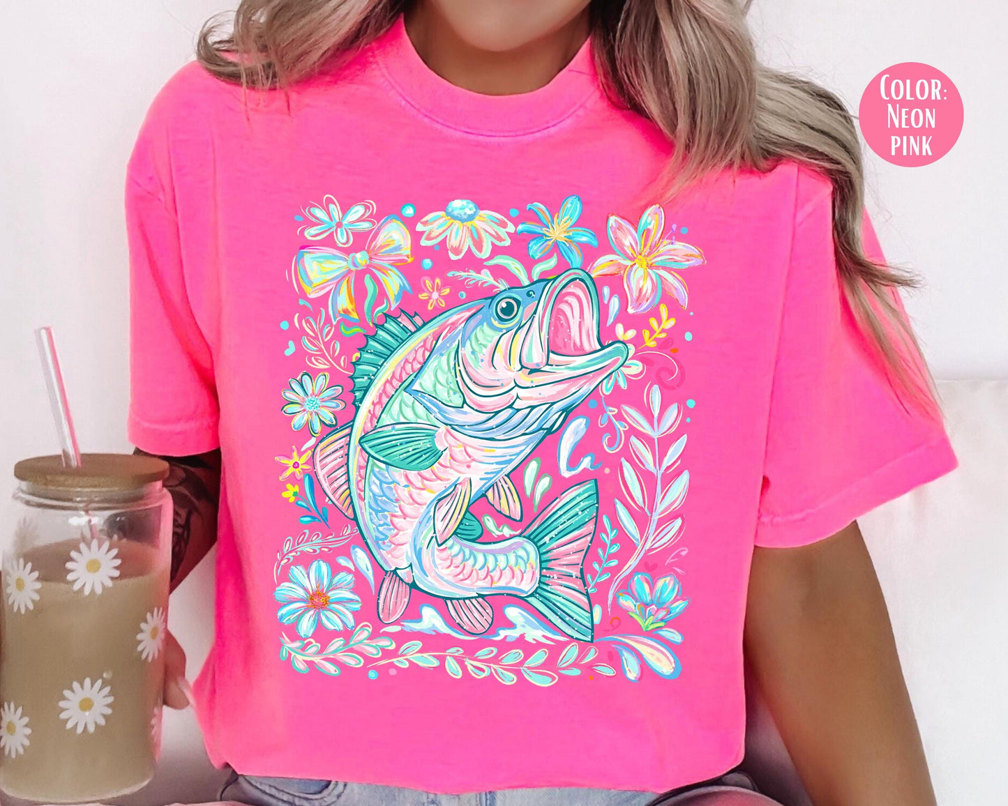Comfort Colors® Floral Bass Shirt, Girls Fishing Shirts, Mommy and Me Fishing Tees