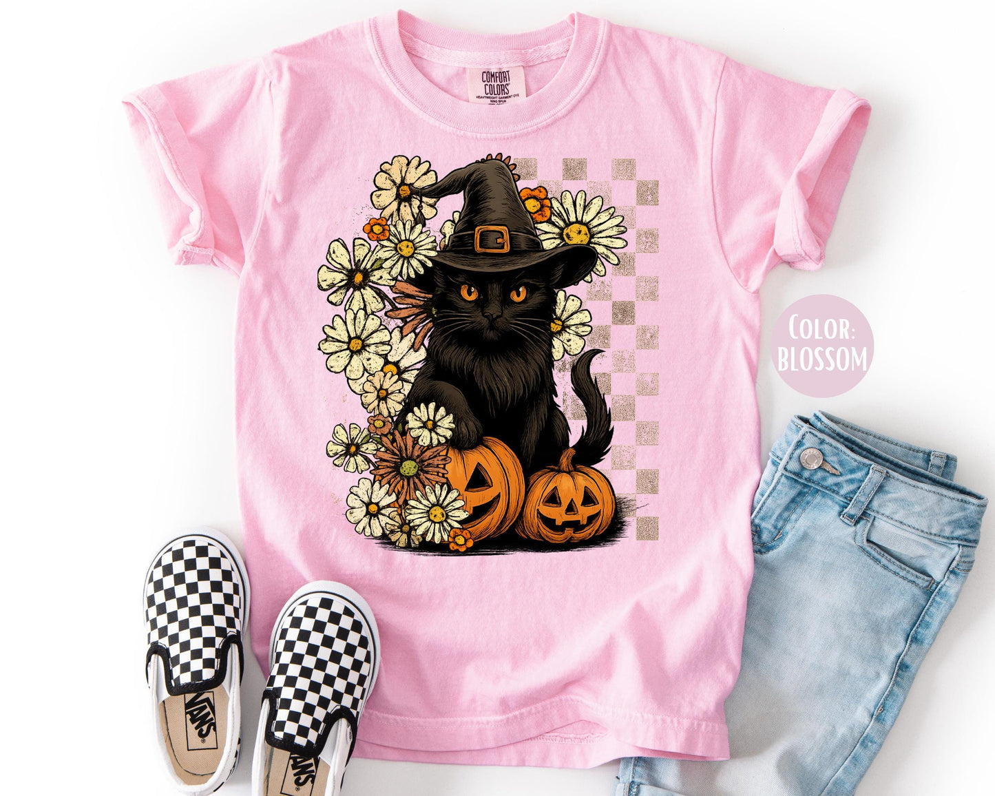 Comfort Colors Witch Hat Black Cat Shirt - Halloween Floral Tee