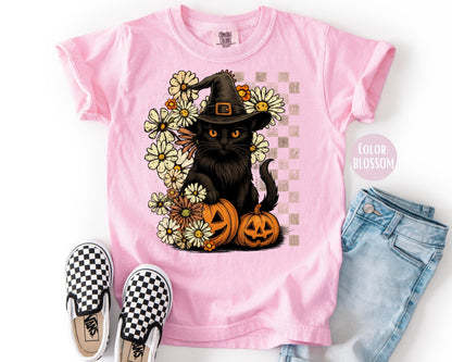 Comfort Colors Witch Hat Black Cat Shirt - Halloween Floral Tee