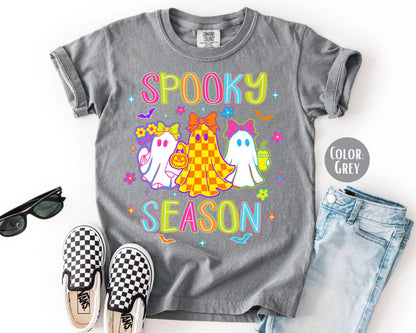 Comfort Colors Girls Spooky Season Ghost Shirt, Halloween Tee