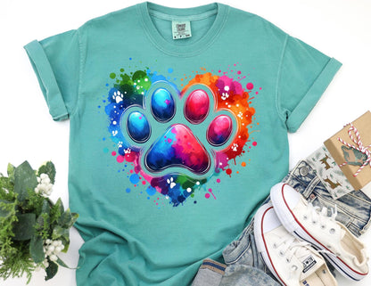 Comfort Colors Dog Paw Valentine Shirt: Watercolor Heart Tee