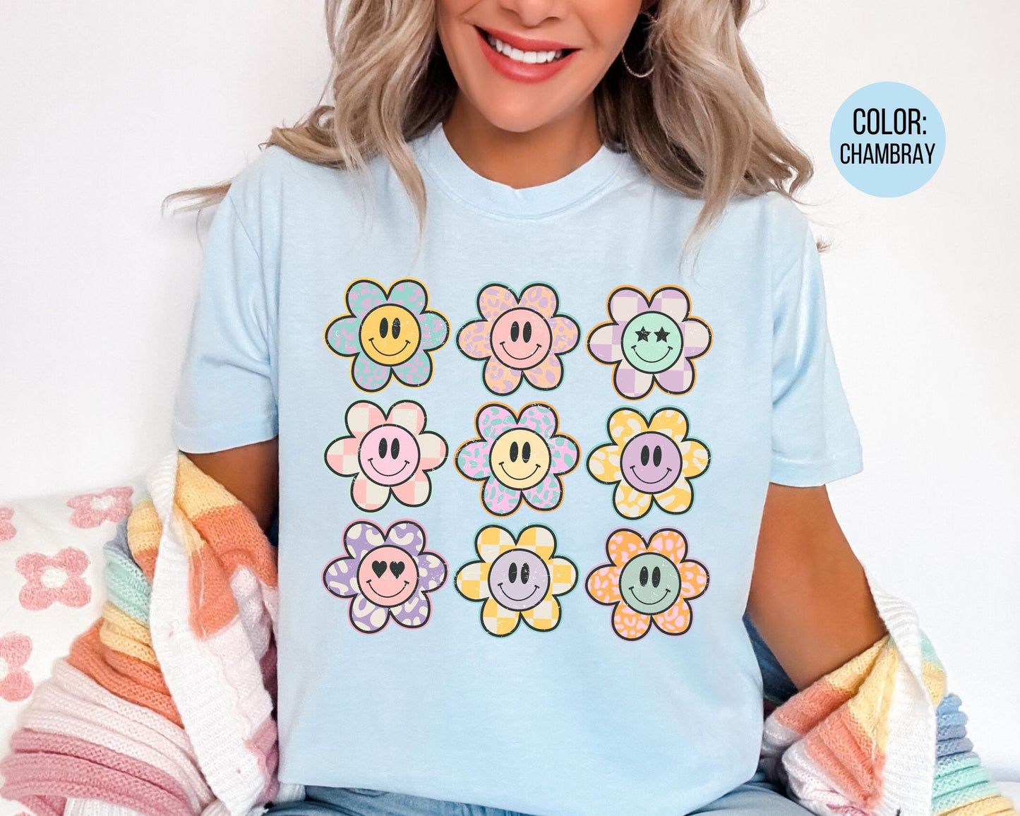 Comfort Colors Retro Smiley Face Flowers Shirt, Girls Smiley Flower Tee