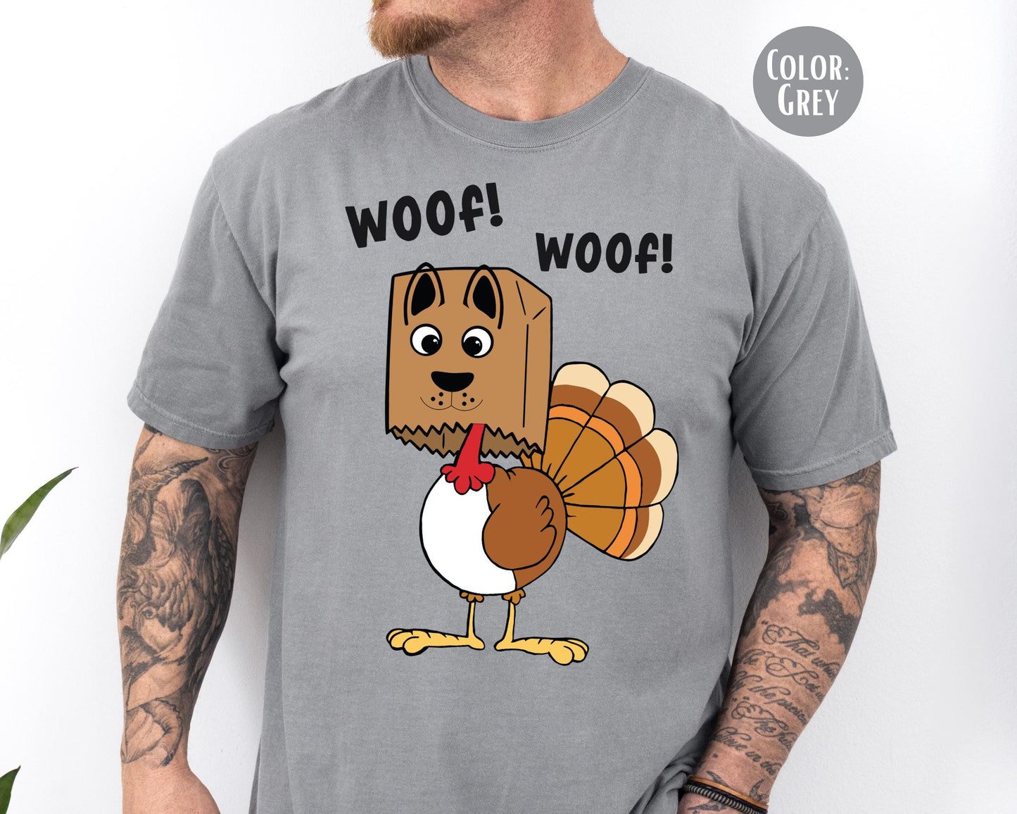 Mens Comfort Colors Funny Turkey Shirt, Thanksgiving Shirts for Dad, Woof Turkey T-shirt