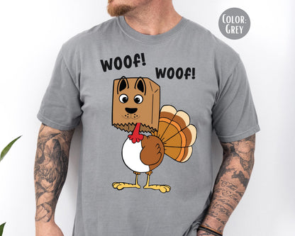 Mens Comfort Colors Funny Turkey Shirt, Thanksgiving Shirts for Dad, Woof Turkey T-shirt