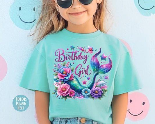 Comfort Colors Faux Glitter Mermaid Birthday Girl Shirt, Girls Birthday Shirts