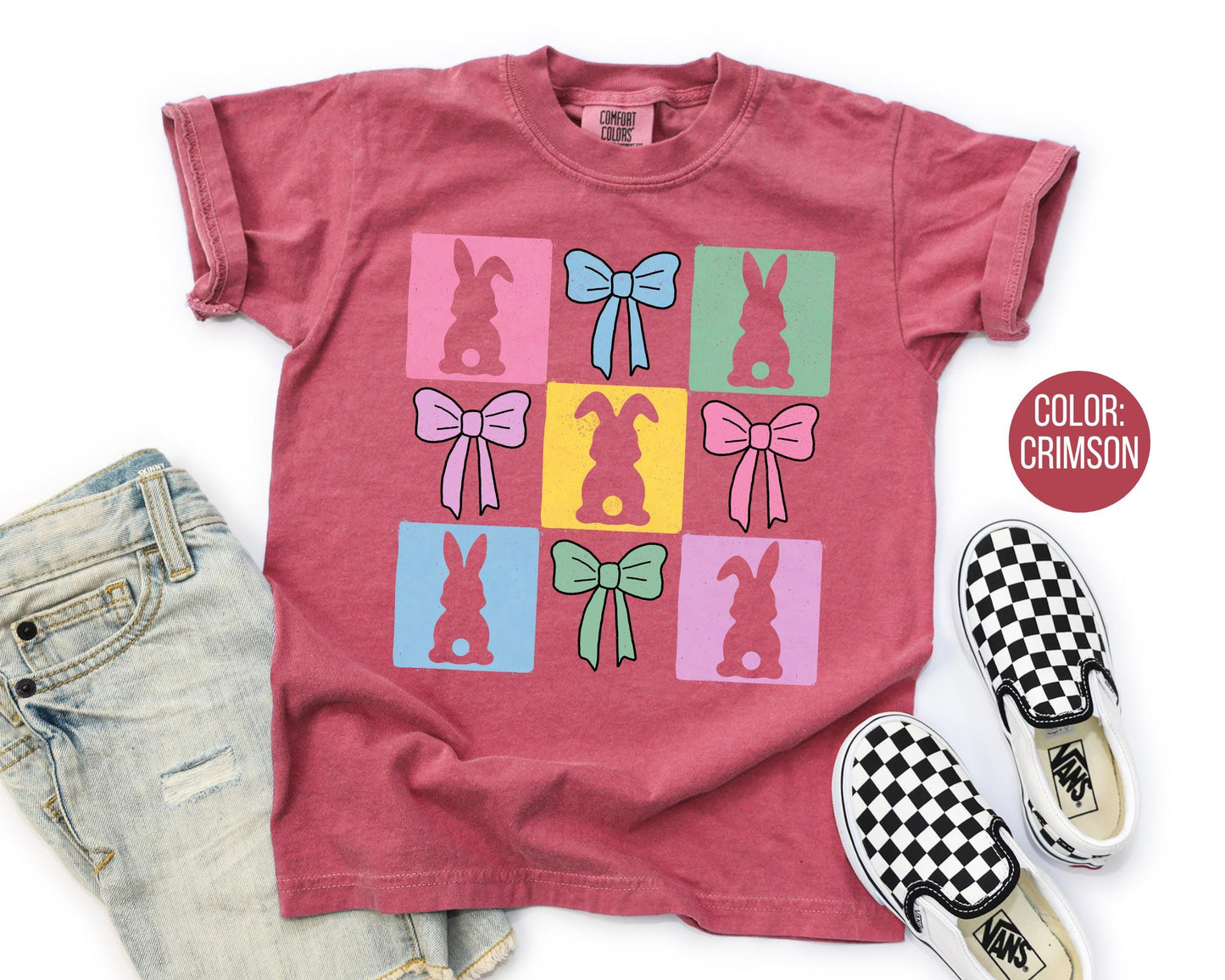 Comfort Colors® Colorful Square Bunnies Shirt, Girls Preppy Easter Bunny Shirts