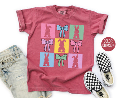 Comfort Colors® Colorful Square Bunnies Shirt, Girls Preppy Easter Bunny Shirts