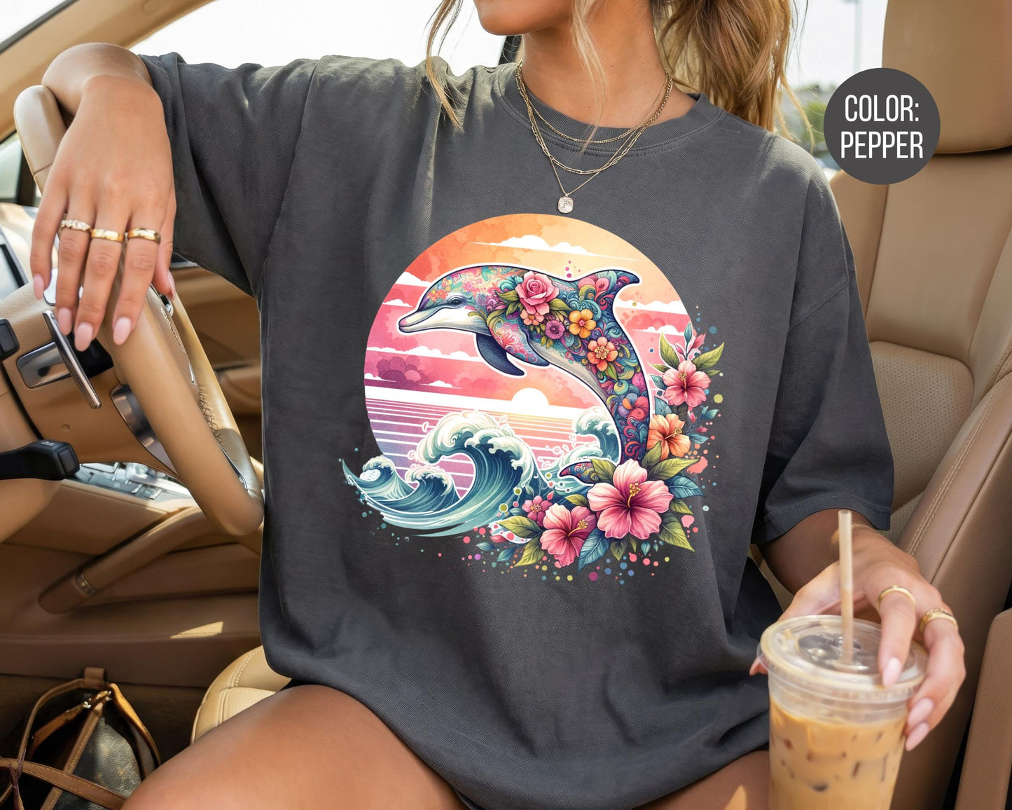 Comfort Colors® Floral Dolphin Shirt, Girls Preppy Summer Shirts, Dolphin Gift
