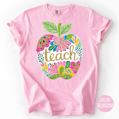 Comfort Colors Floral Apple Teach Shirt - Teacher Tee