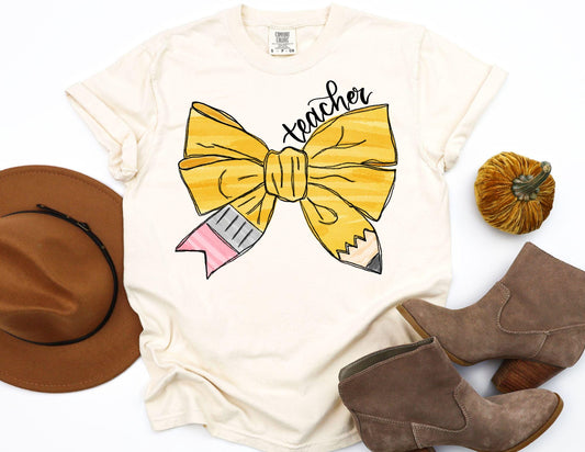 Comfort Colors Teacher Shirt: Pencil Bow Graphic Tee