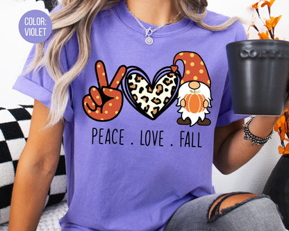 Comfort Colors Peace Love Fall Shirt, Gnome Shirts for Kids, Thanksgiving Tee