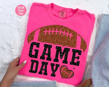 Comfort Colors Faux Glitter Football Shirt - Preppy Game Day Tee