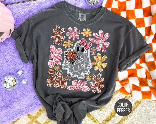 Comfort Colors Floral Lace Ghost Shirt - Halloween Kids Shirt