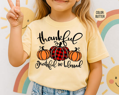 Comfort Colors Thankful Grateful Blessed Shirt, Kids Thanksgiving Shirts, Matching Fall Tees