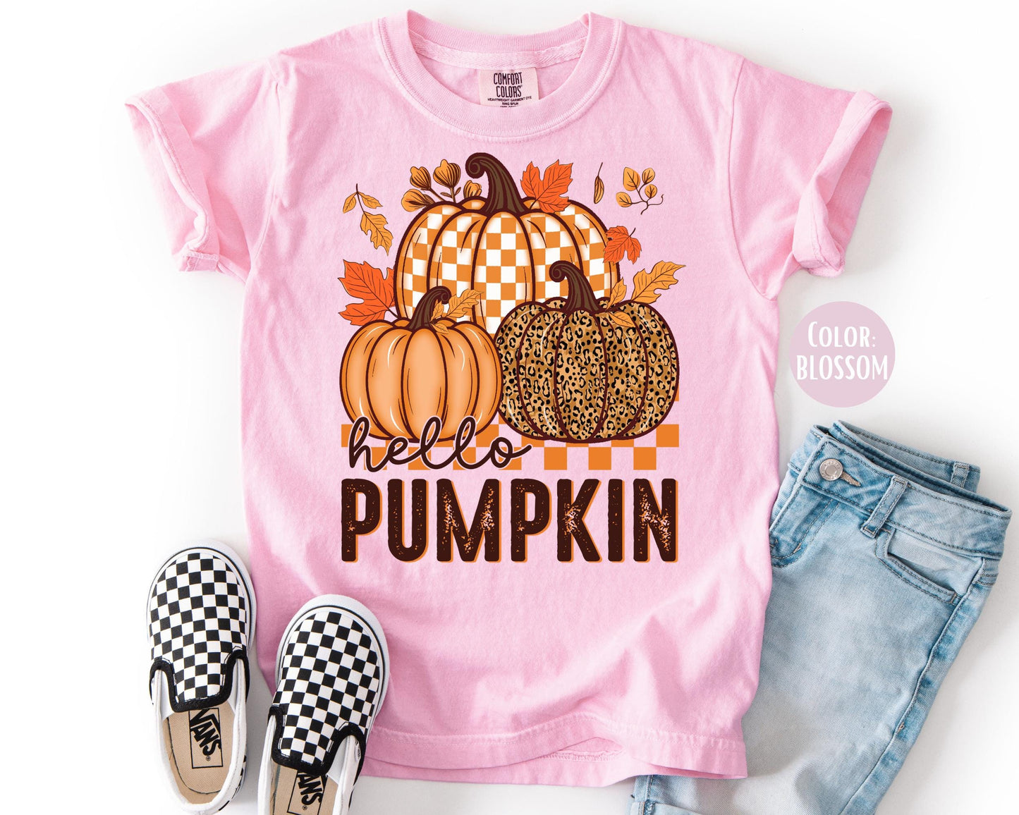 Comfort Colors Kids Hello Pumpkin Shirt: Boho Floral Fall Tee